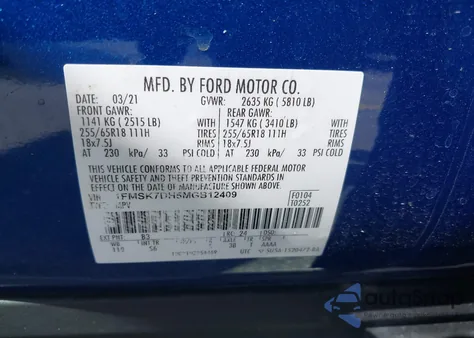 2021 Ford Explorer Xlt z USA, uszkodzony, nr VIN 1FMSK7DH5MGB12409